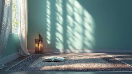 Wall Mural - A serene prayer setup featuring an open book on a patterned rug, a lantern casting warm light, and soft shadows on a turquoise wall