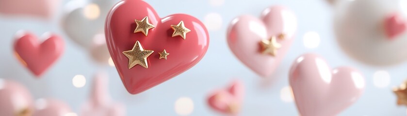 Poster - A delightful arrangement of floating hearts and stars in bright red, pink, and gold tones hovers against a gentle pastel gradient, inviting a cheerful and playful atmosphere