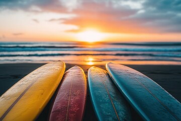 Serene Sunset Beach Scene With Colorful Surfboards