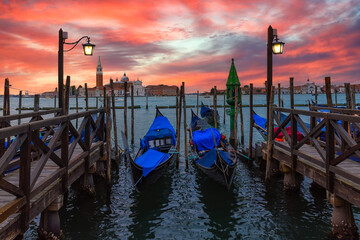 Wall Mural - Sunrise in San Marco square, Grand Canal and San Giorgio Maggiore island, Venice, Italy. Architecture and landmarks of Venice. Venice postcard with Venice gondolas