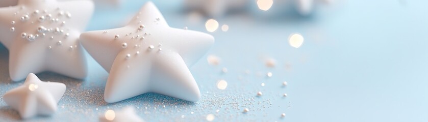 Poster - Floating stars in shades of soft blue and white create a serene atmosphere against a gradient backdrop of pale blue to white, accented by gentle glowing lights for a modern look