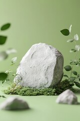 Poster - The moss-covered rock is surrounded by small green leaves and trailing vines, adorned with dewdrops that catch the light in a serene setting of soft green and beige gradients