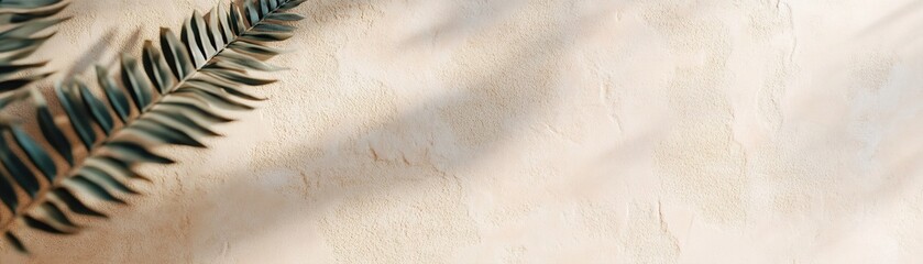 Poster - Delicate fern leaves cast gentle shadows onto a textured wall, set against a neutral beige background. This modern composition leaves ample space for text or design elements