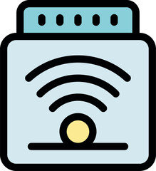 Poster - wireless router emitting internet signal, with indicator light, in flat design style