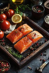 Poster - Raw Salmon Fillets on Cutting Board