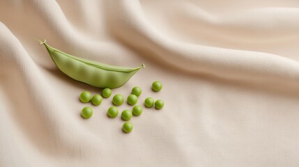 Poster - 3D Rendered Green Pea Pod with Fresh Peas Spilling onto Soft Fabric Background