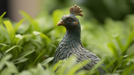 Poster - Charming Rendered Clay Peahen Blending Beautifully with Lush Green Leaves in a Serene Environment