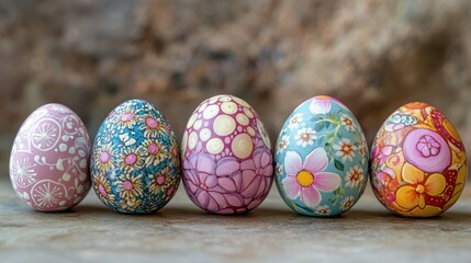 Colorful decorative eggs displayed on a stone surface during springtime