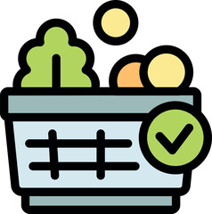 Poster - online grocery shopping basket full of fresh produce, confirmed with a green check mark, symbolizing