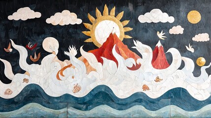 Aufkleber - Artistic Depiction of the Churning Ocean with Mountains, Clouds, and Celestial Elements in a Vibrant Color Palette