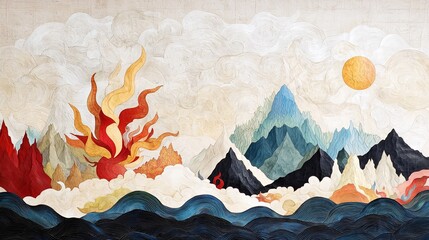 Poster - Colorful Abstract Art Depicting Churning Ocean Waves and Fiery Sun over Mountain Landscape
