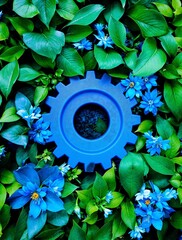 Poster - Environmental Management System Gear Set with Blue and Green Leaves Representing Sustainability and Reduced Impact