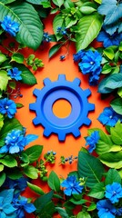 Poster - Environmental Management System Gear Set with Blue and Green Leaves Representing Sustainability and Reduced Impact