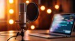 © MD NAZMUL - Professional Podcast Recording Setup with High-Quality Microphone, Pop Filter, and Laptop Displaying Audio Editing Software in Dimly Lit Studio