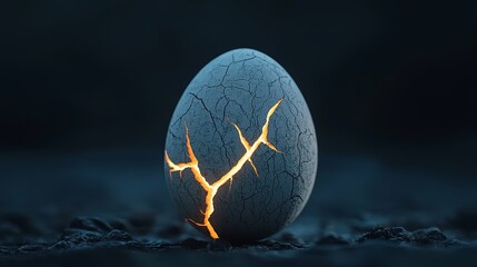 Poster - Glowing Dragon Egg with Cracks Revealing Bright Light in Dark Atmosphere