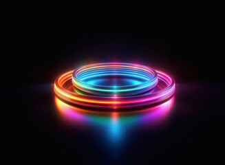 Poster - Vibrant, multicolored neon rings create a glowing, circular platform on a dark reflective surface.  The light creates a captivating, futuristic atmosphere.