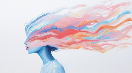Aufkleber - Ethereal girl with flowing hair illustrated in vibrant acrylic brushstrokes showcasing dreams and creative energy