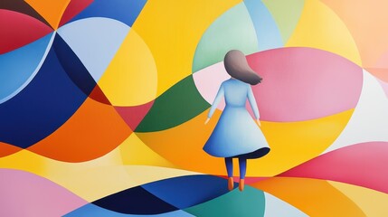 Poster - Abstract Artwork of a Girl Emerging from a Colorful Field of Geometric Shapes and Swirling Patterns