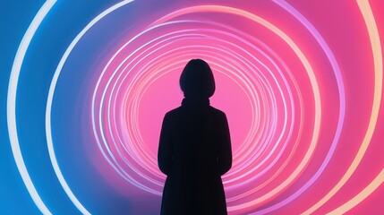 Poster - Girl in Silhouette Surrounded by Swirling Neon Lights in a Dreamlike Tunnel of Colorful Light Patterns