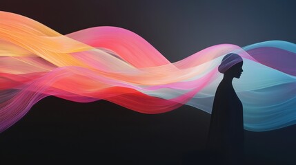Poster - Girl Silhouette Enveloped in Flowing Ribbons of Color Creating a Dreamlike Atmosphere of Movement and Light