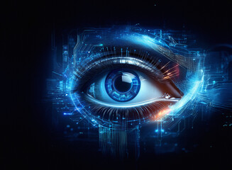 Aufkleber - A mesmerizing digital eye, glowing with vibrant blue and orange hues, is surrounded by intricate circuitry, suggesting a fusion of technology and human vision.  The dark background enhances the image'