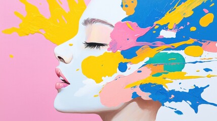 Poster - Artistic Representation of a Girl with Bright Acrylic Color Splashing Against a Soft Pink Background