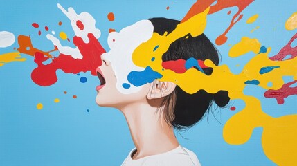 Poster - Vibrant Expression of a Girl Revealed Through Bright Splashes of Acrylic Paint in an Artistic Illustration