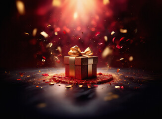 Poster - A luxurious gift box with a gold ribbon sits on a red, sparkly surface, surrounded by falling confetti in a dramatic, dark setting.  The scene is illuminated by a warm, spotlight effect.