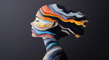 Poster - A Colorful Artistic Representation of Flowing Rivers in the Form of a Girl's Profile with Fluid Brush Strokes