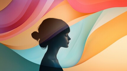 Poster - Ethereal Silhouette of a Girl Merging with Colorful Swirling Backgrounds, Emphasizing Shadows and Spectrum Variations