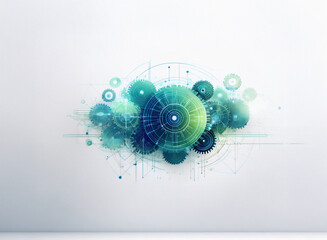 Fototapete - Abstract illustration of interconnected gears and circuitry, evoking themes of technology, engineering, and innovation.  The color palette is teal, blue, and green, creating a sense of fluidity and mo