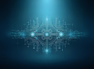 Fototapete - Abstract digital artwork depicting a futuristic technological circuit board design with glowing blue accents.  The central motif suggests connection and data flow.