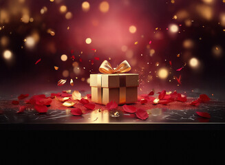 Poster - A luxurious gold gift box sits on a dark surface, surrounded by scattered red rose petals and shimmering golden confetti.  A festive and romantic scene.