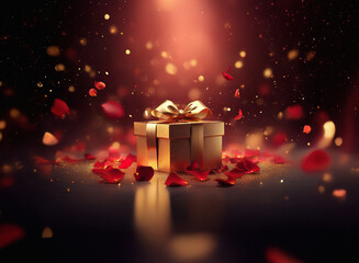 Poster - A golden gift box, adorned with a rich gold ribbon, sits amidst falling rose petals under a warm spotlight.  Romantic and luxurious, it evokes feelings of celebration and surprise.
