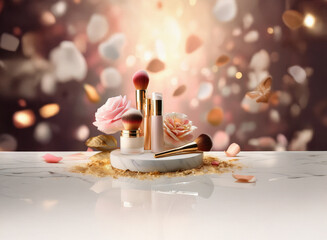 Poster - Elegant makeup brushes and skincare products displayed on a marble surface amidst falling rose petals and a soft, glowing background.  The scene evokes luxury and beauty.