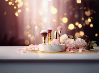 Poster - Elegant makeup brushes with gold handles and soft pink bristles displayed on a marble stand, adorned with roses and shimmering light background.  The scene evokes luxury and beauty.