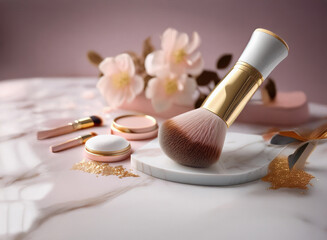 Poster - Elegant makeup brushes and cosmetics arranged on a marble surface, adorned with delicate flowers.  A luxurious and sophisticated beauty still life.