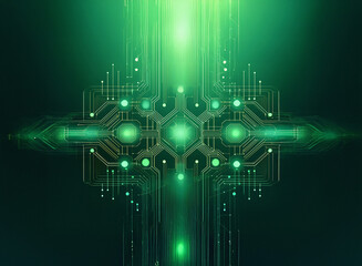 Poster - Abstract digital artwork depicting a glowing green circuit board design, symmetrical and radiating light.  It evokes feelings of technology, energy, and connection.