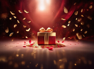 Poster - A red gift box with gold ribbon sits on a glittering surface, surrounded by falling gold and red petals under a dramatic spotlight.  Luxurious and celebratory, it evokes feelings of romance and surpri