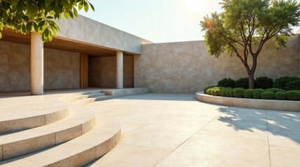 Aufkleber - Modern Minimalist Architecture Courtyard Design Featuring a Gently Curving Staircase and Lush Greenery