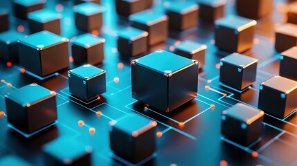 Poster - abstract digital landscape featuring glowing cubes on a circuit board, creating a futuristic atmosph