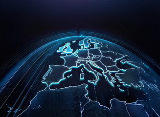 Aufkleber - A stylized, glowing digital map of Europe, set against a dark background, shows interconnectedness and technological advancement.  Data streams orbit the continent, highlighting its global importance.