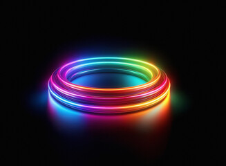 Poster - Vibrant rainbow neon rings glow on a dark reflective surface, creating a mesmerizing circular light display.  The concentric circles cast colorful reflections.