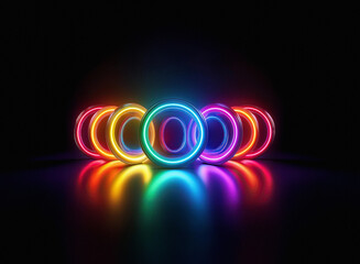 Poster - Vibrant rainbow neon rings illuminate a dark, reflective surface.  Their glowing light creates a captivating, symmetrical display.