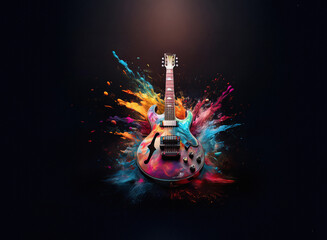 Poster - A vibrant electric guitar explodes in a burst of colorful powder against a dark background.  The image is dynamic and artistic, suggesting energy and musical passion.