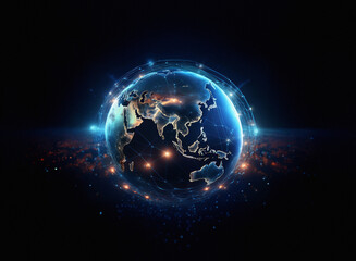 Poster - A glowing digital Earth, encircled by a network of light, floats in a dark cosmos.  Its continents are subtly visible through the energetic blue and orange luminescence.