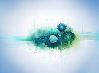 Fototapete - Abstract digital artwork featuring interconnected gears, circuits, and a soft teal color scheme.  It evokes a sense of technological advancement and intricate systems.