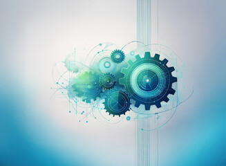 Fototapete - Abstract digital art depicting interconnected gears, flowing lines, and nodes, suggesting technological complexity and synergy.  A cool, teal color palette emphasizes the futuristic theme.