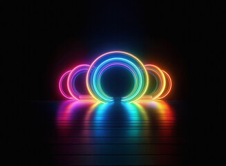Aufkleber - Vibrant rainbow neon circles glow on a dark reflective surface, creating a mesmerizing light display.  The rings are arranged in a cloud-like formation, casting colorful reflections.