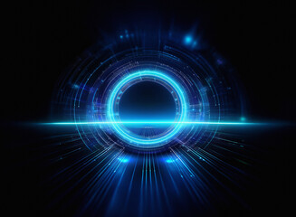 Poster - A glowing blue circular interface with technological elements, radiating light and speed lines against a dark background. Futuristic and digital.